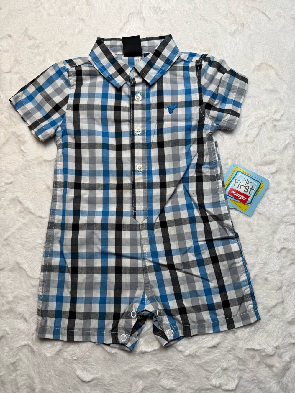 Wrangler Blue Black White Plaid Short Romper - Kids